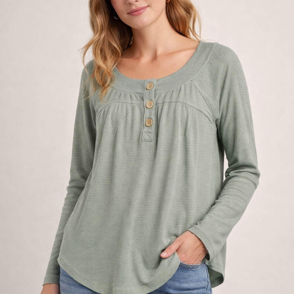 We The Free Sage Green Thermal Henley Tunic Small Oversized Waffle Knit Boho